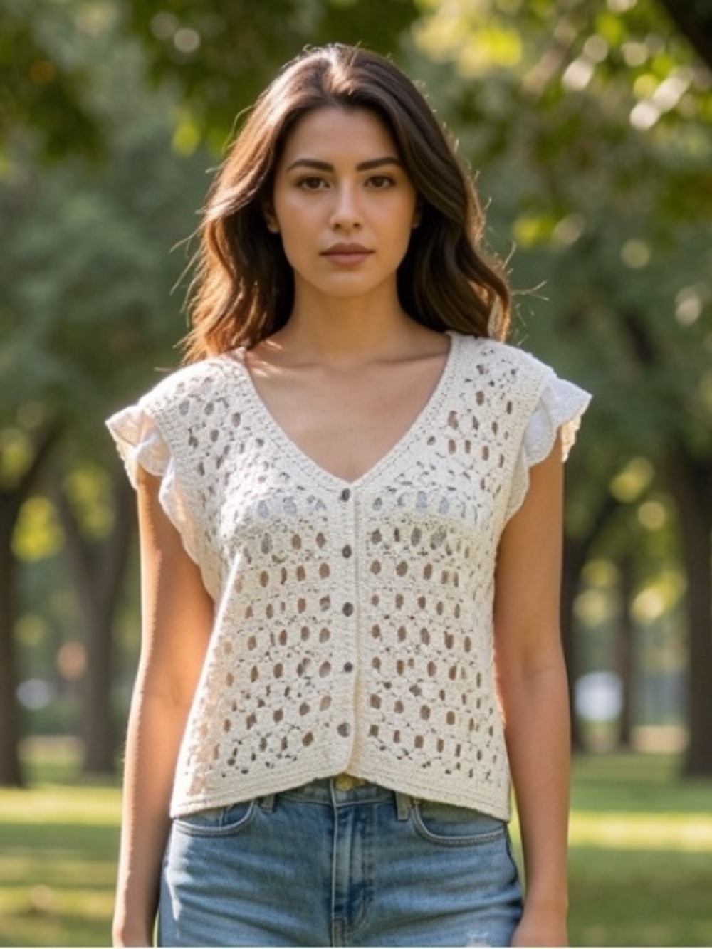 LIV Los Angeles Crochet Eyelet Lace Vest Cream Cotton Boho Cottagecore XL New